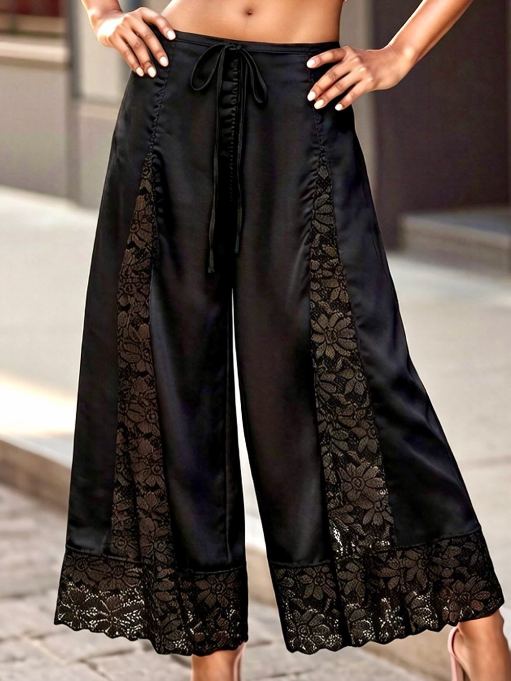 ♥️Hello Gorgeous! Light Blue Lace-Trim Wide Leg Cropped Pants